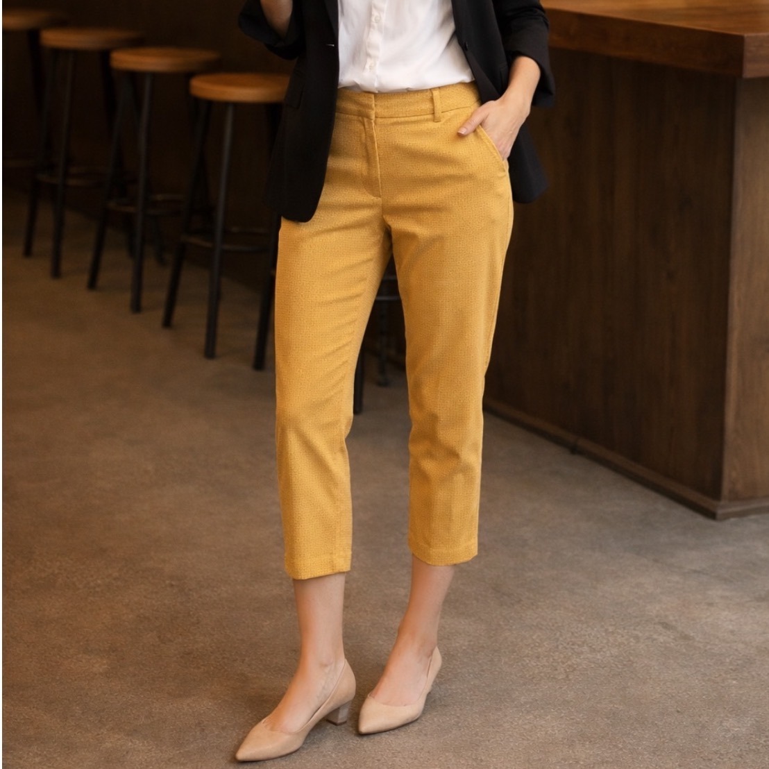 Banana Republic Sloan Mustard Yellow Textured Ankle Dress Pants Womens 14 Crop
